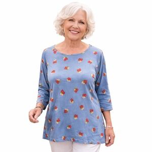 Quacker Factory Jeanne Bice XL Blue Strawberry Print Top 3/4 Sleeve Rhinestone